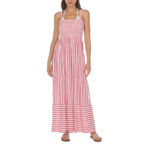 Raviya Dresses & Skirts - Raviya Pink White Striped Tiered Maxi Dress Smocked Bodice Size XL NWT